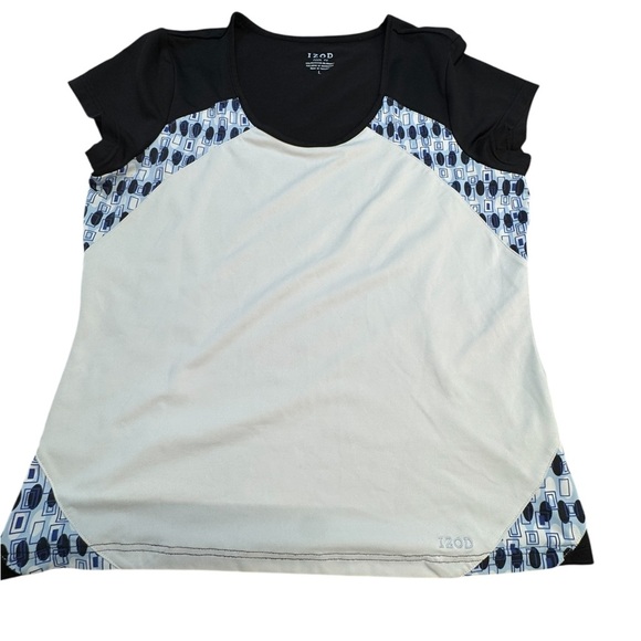 Izod Cool FX Raglan Cap‎ Sleeve Black, White Blue Sz L slimming panel sides EUC - Picture 1 of 6